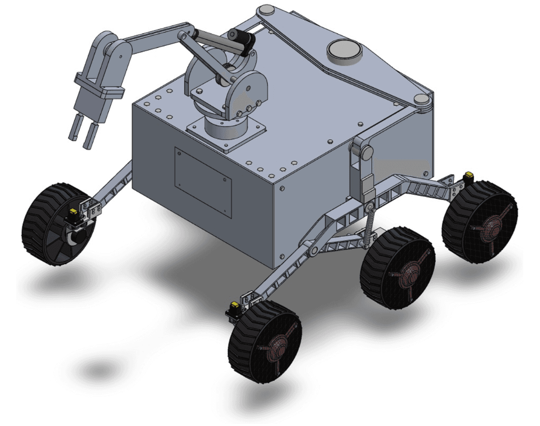 Original preliminary CAD model of the Banu Mousa six-wheel rover and robotic arm